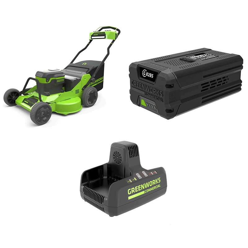 Комплект: газонокосилка аккумуляторная, аккумулятор, быстрое зарядное устройство для 2-х аккумуляторов Greenworks GC82HPLM76/G82B5/G82C2 (1 x 5 Ач, ЗУ) 2519207/2914607/2939007