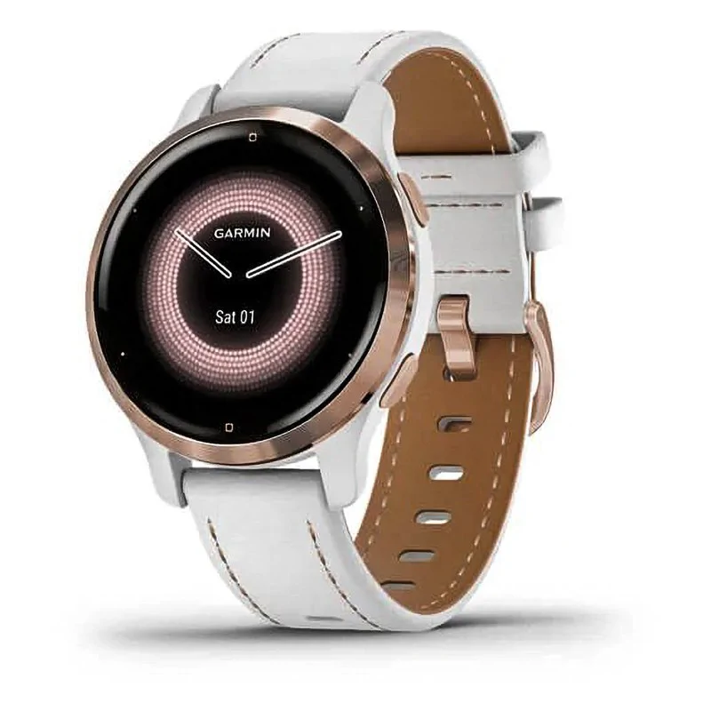 Смарт-часы Garmin Venu 2S белые цвета розовое золото с кожаным ремешком 010-02429-23