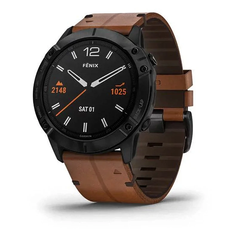 Мультиспортивные часы Garmin Fenix 6X Sapphire черный DLC с каштановым кожаным ремешком 010-02157-14