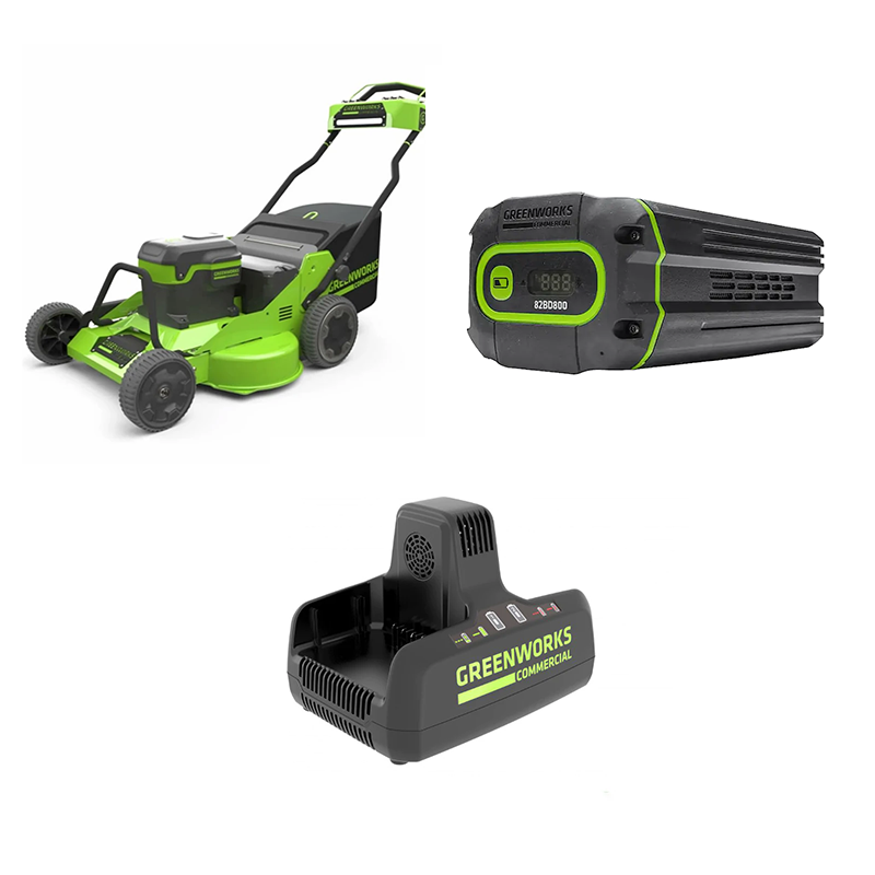 Комплект: газонокосилка аккумуляторная, аккумулятор (3 шт.), быстрое зарядное устройство для 2-х аккумуляторов Greenworks GC82HPLM76/G82B8/G82C2 (3 x 8 Ач, ЗУ) 2519207/2951407/2939007