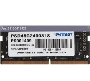Оперативная память Patriot DDR4 - 8Gb, 2400 МГц, SO-DIMM, CL17 (psd48g240081s)